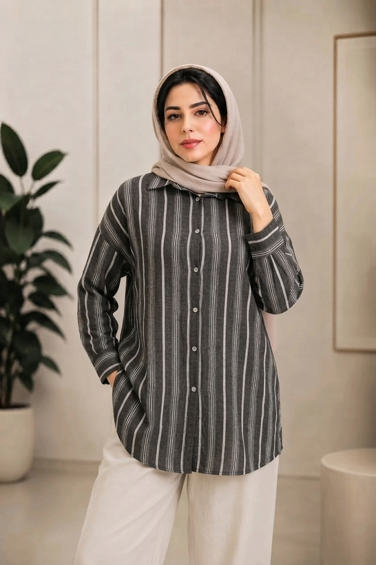 شومیز زارا راه راه تمام زارپ دار لنین کد 132 مشکی