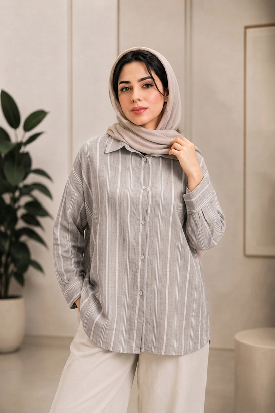 شومیز زارا راه راه تمام زارپ دار لنین کد 132 طوسی کمرنگ