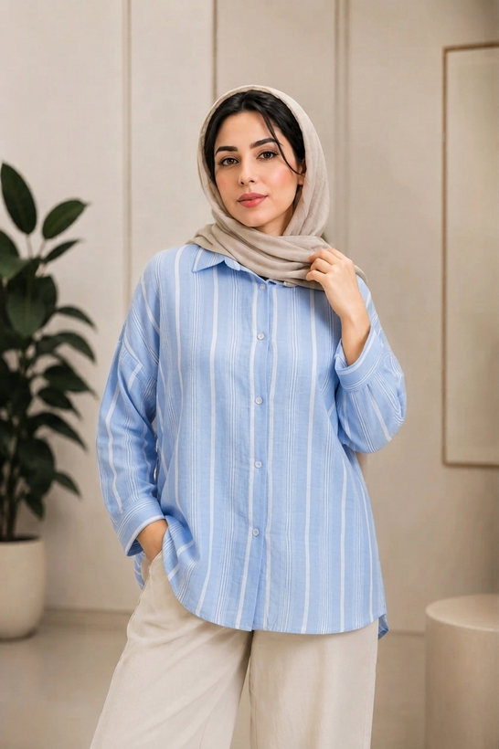 شومیز زارا راه راه تمام زارپ دار لنین کد 132 آبی آسمانی