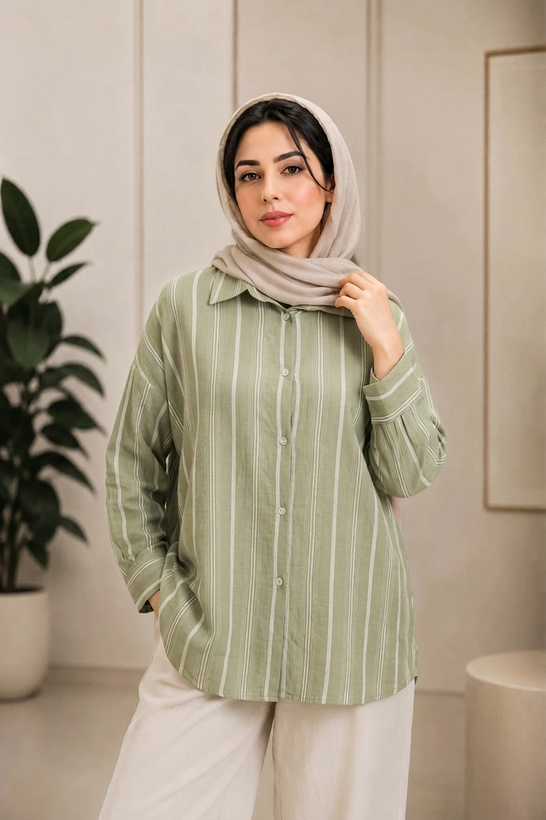 شومیز زارا راه راه تمام زارپ دار لنین کد 132 سبز صدری