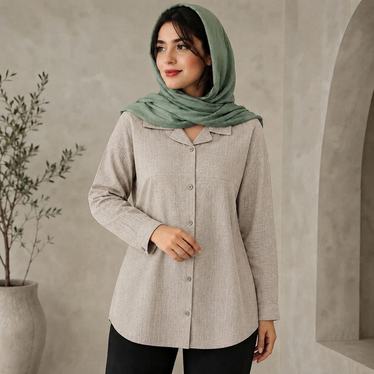 شومیز زارا لنین آبرنگی پشت پلیسه دو دکمه بژ