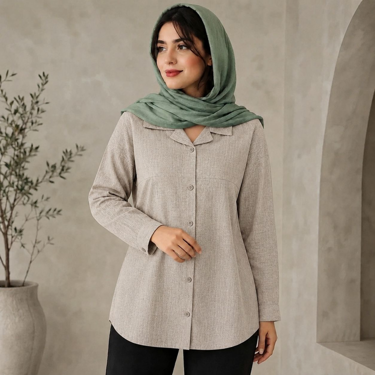 شومیز زارا لنین آبرنگی پشت پلیسه دو دکمه بژ