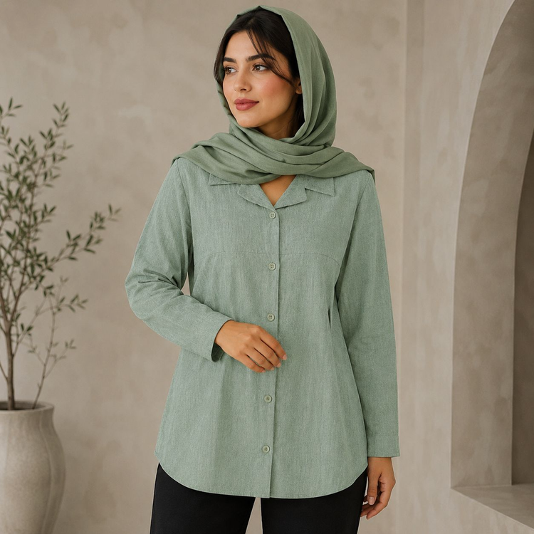 شومیز زارا لنین آبرنگی پشت پلیسه دو دکمه سبز صدری